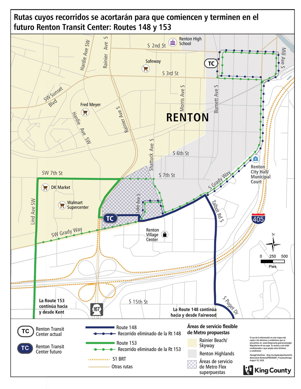 Mapa de los cambios propuestos para las rutas cuyos recorridos se acortarán para que comiencen y terminen en el futuro Renton Transit Center