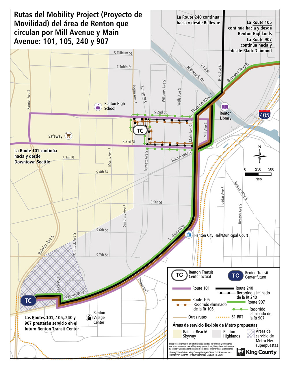 Mapa de los cambios propuestos para las rutas que circulan por Main y Mill Ave