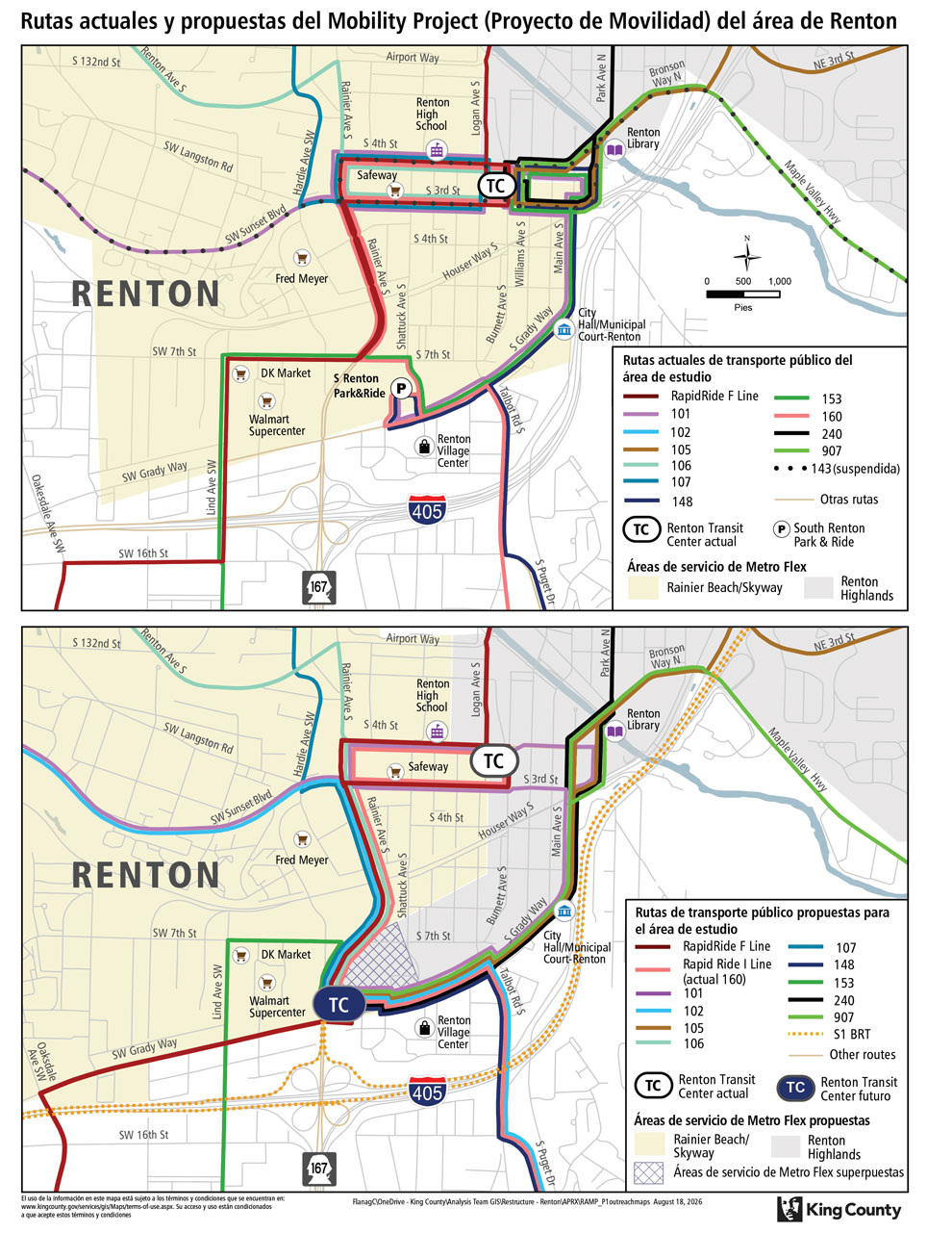 Mapas comparativos de las rutas actuales y las propuestas
