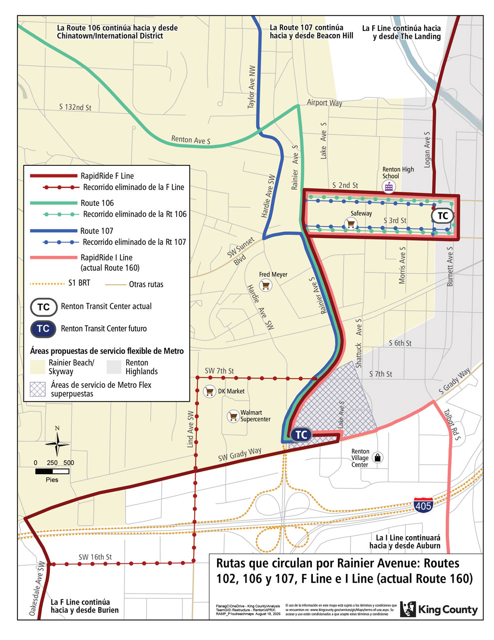 Mapa de los cambios propuestos para las rutas que circulan por Rainier Ave